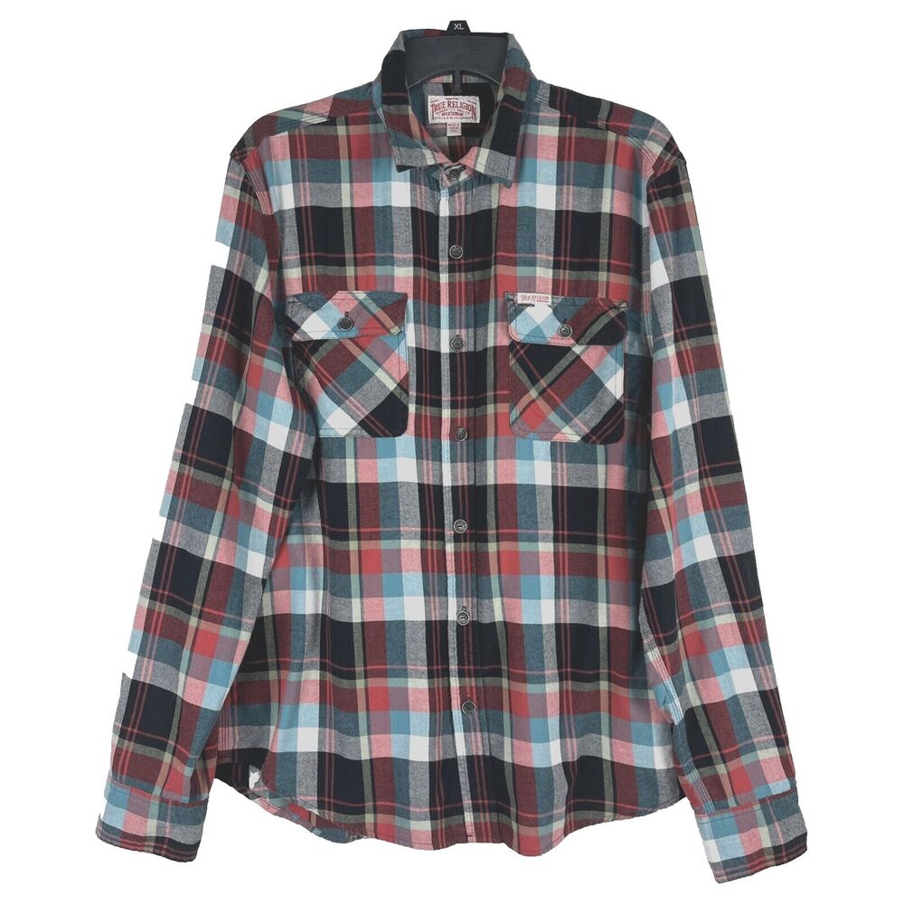 True Religion Men’s Red Multicolor Plaid Shirt Flannel Long Sleeve Size 2XL